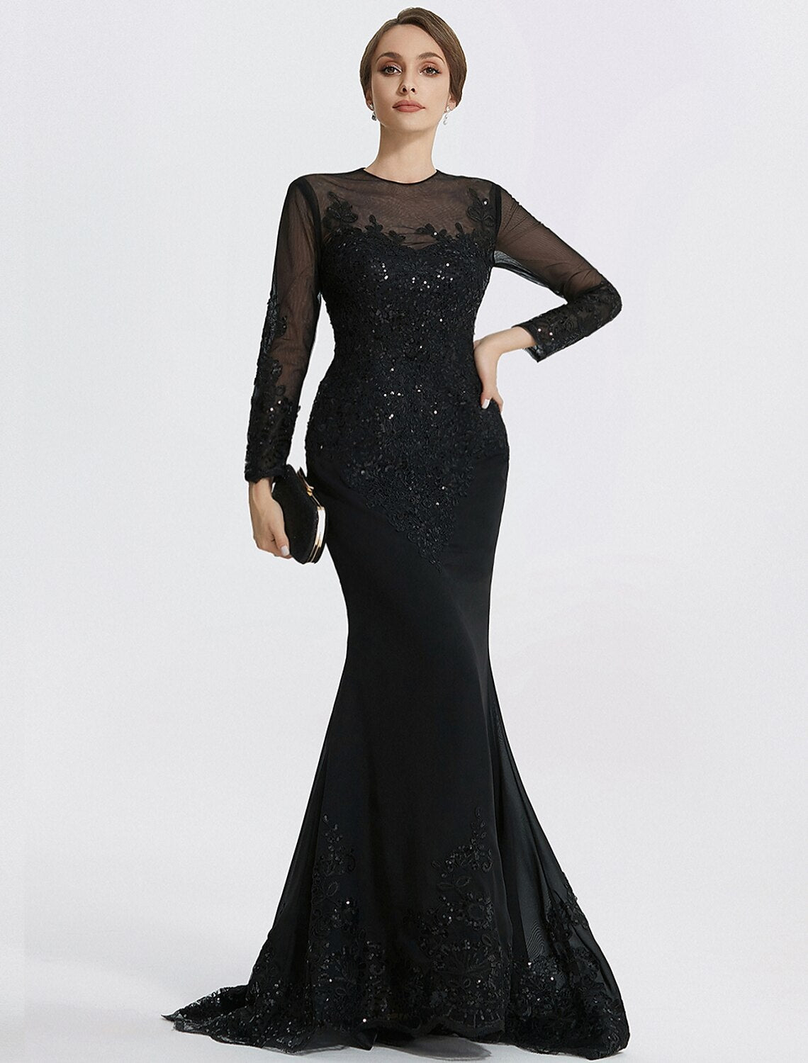 Meerjungfrau/Trompete Etuikleid/Säule Abendkleid Elegantes Kleid Formal Bodenlang Langarm Schmuckhals Spitze mit Applikationen